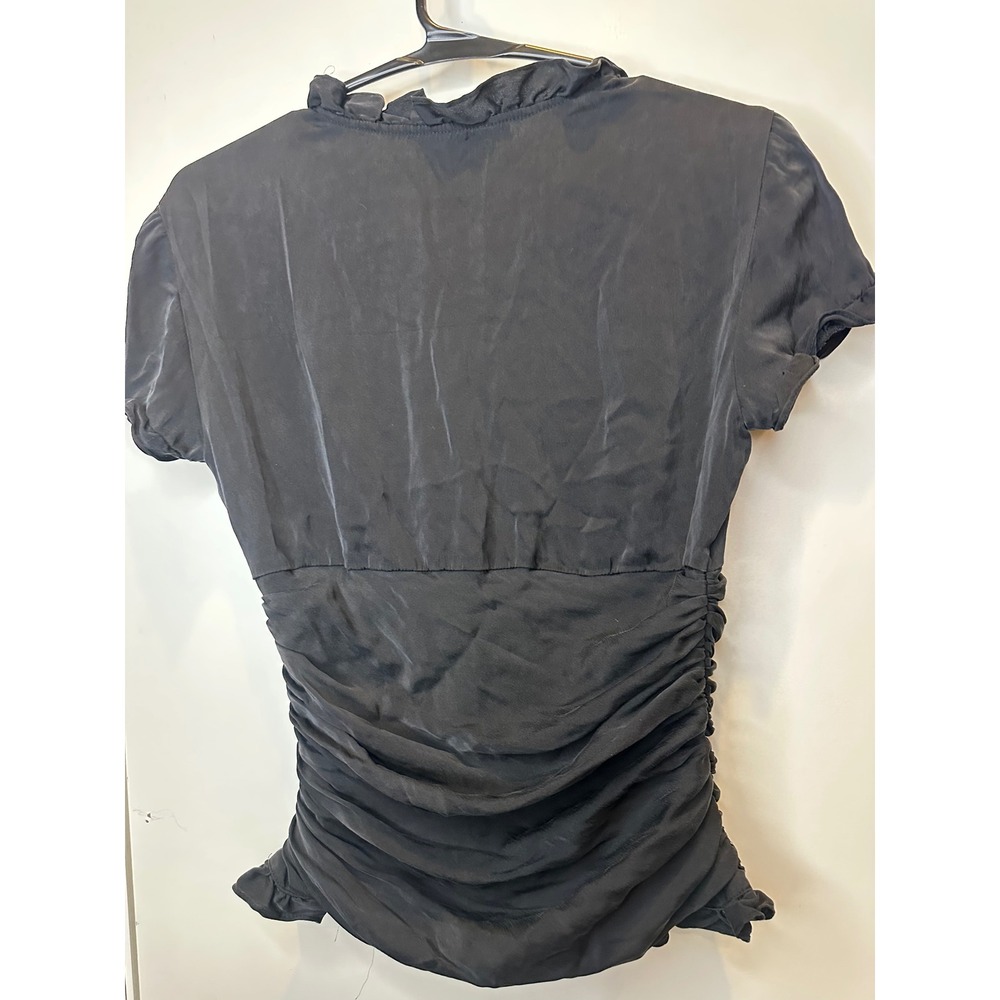 Antonio Melani Black Ruffle V-Neck Ruched Short Sleeve Blouse Top Sz S